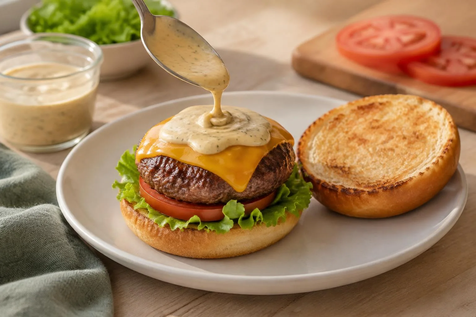 Honey ranch being spooned onto an open toasted bun with lettuce, tomato, beef and cheddar, with the top bun beside it