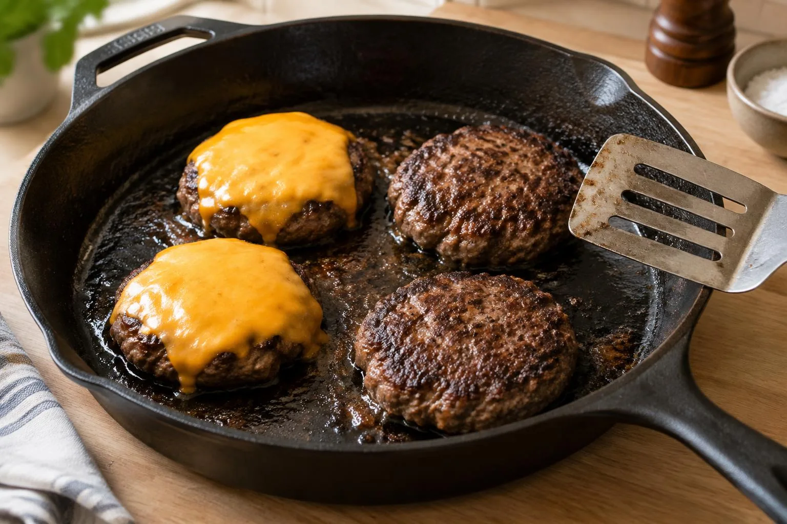 Beef patties cooking in a hot skillet