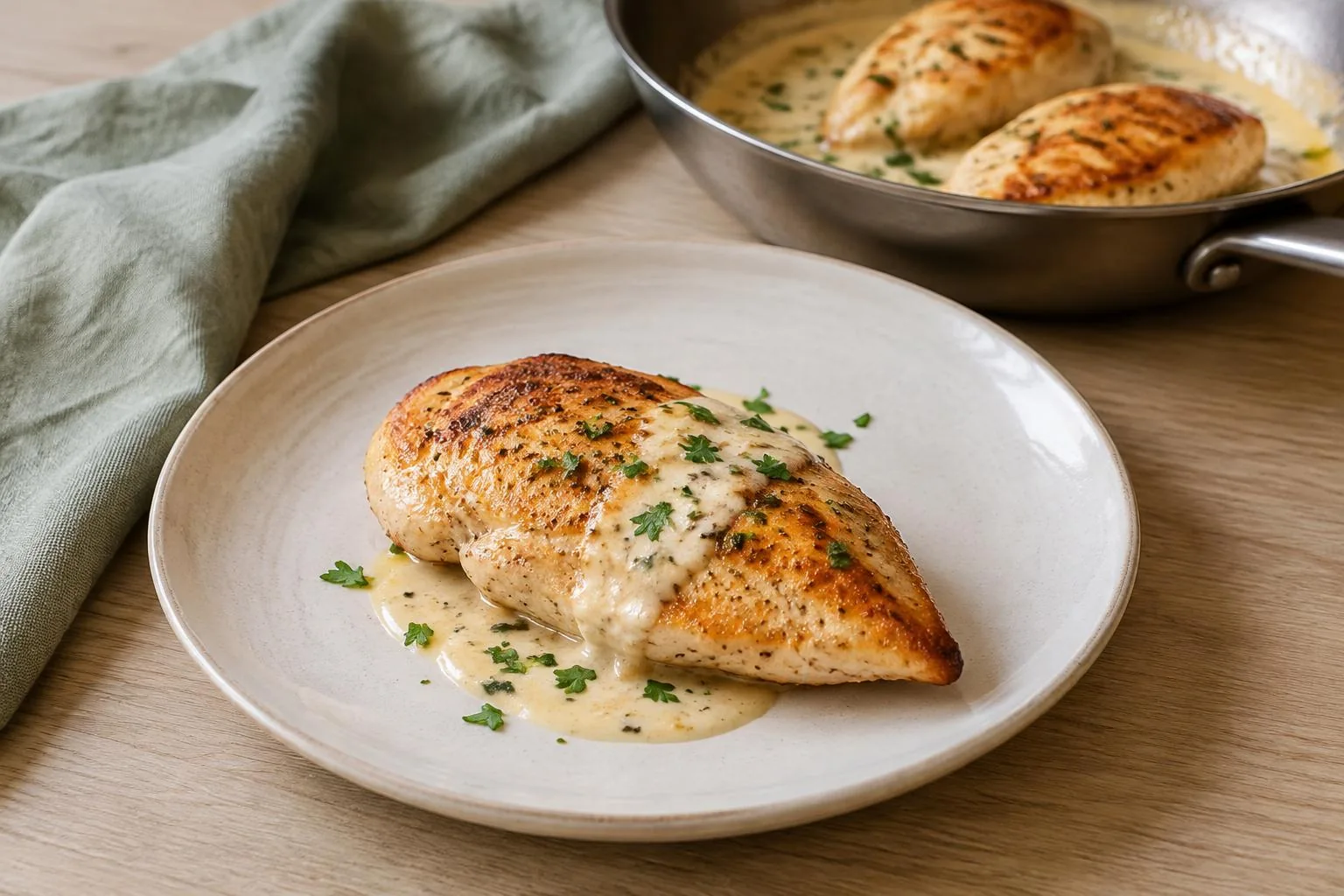 A cooked golden chicken breast plated with garlic cream sauce