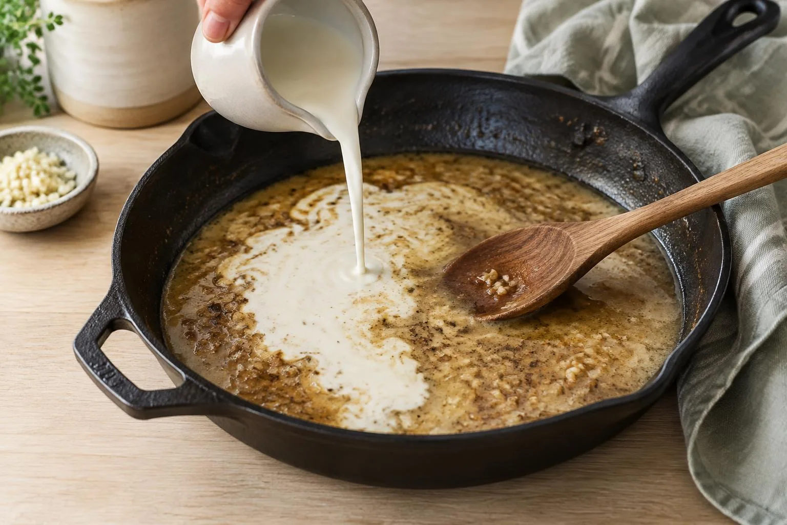 Garlic and cream sauce simmering in the skillet