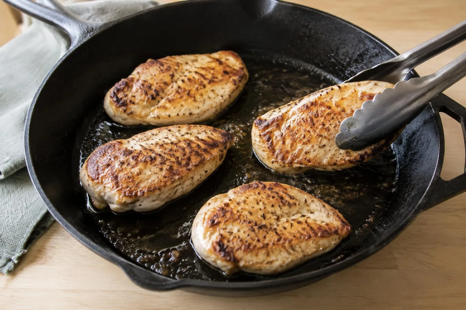 Chicken breasts browning in a skillet