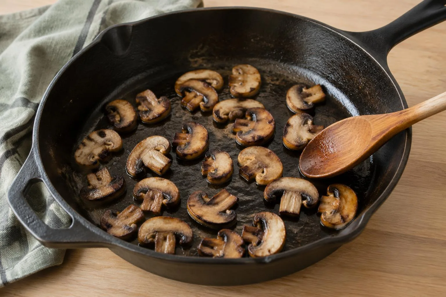 Sliced mushrooms browning in a skillet
