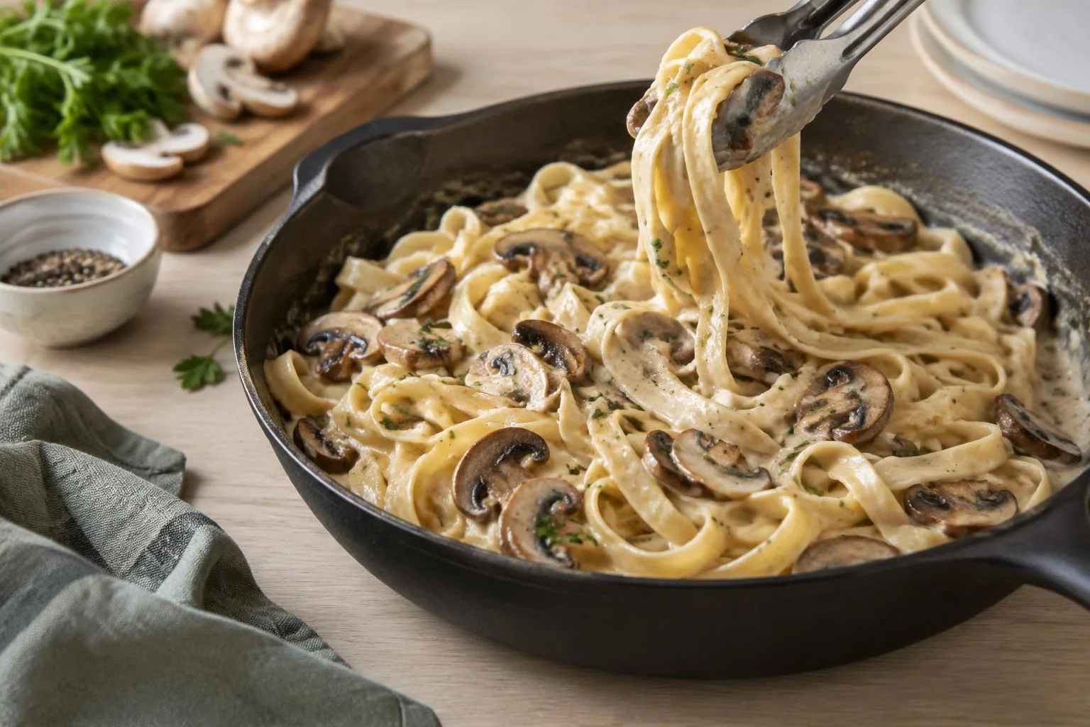 Pasta being tossed with the creamy mushroom sauce