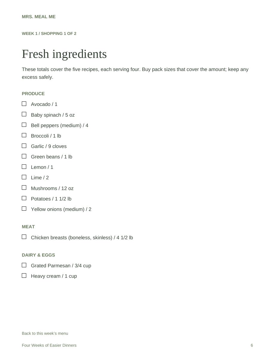 Week one grocery list from the guide